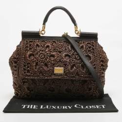 Pre Owned Dolce & Gabbana Dark Brown Crochet Raffia Large Miss Sicily Top Handle Bag