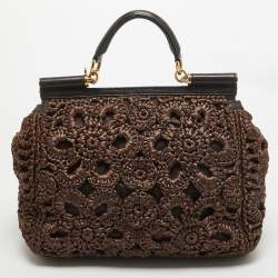 Pre Owned Dolce & Gabbana Dark Brown Crochet Raffia Large Miss Sicily Top Handle Bag