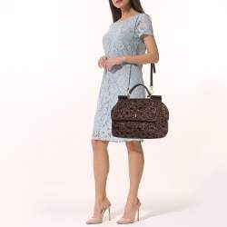 Pre Owned Dolce & Gabbana Dark Brown Crochet Raffia Large Miss Sicily Top Handle Bag