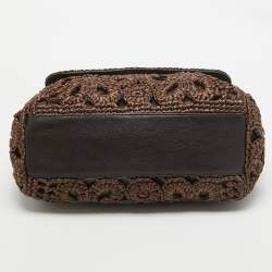 Pre Owned Dolce & Gabbana Dark Brown Crochet Raffia Large Miss Sicily Top Handle Bag