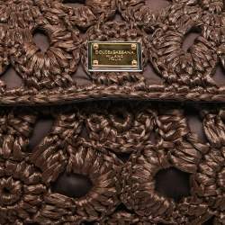 Pre Owned Dolce & Gabbana Dark Brown Crochet Raffia Large Miss Sicily Top Handle Bag