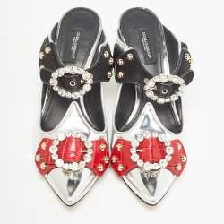 Pre Owned Dolce & Gabbana Tricolor Leather Crystal Embellished Buckle Detail Ankle Strap Mules Size 38