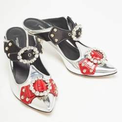 Pre Owned Dolce & Gabbana Tricolor Leather Crystal Embellished Buckle Detail Ankle Strap Mules Size 38