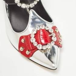 Pre Owned Dolce & Gabbana Tricolor Leather Crystal Embellished Buckle Detail Ankle Strap Mules Size 38