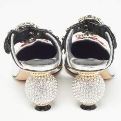Pre Owned Dolce & Gabbana Tricolor Leather Crystal Embellished Buckle Detail Ankle Strap Mules Size 38