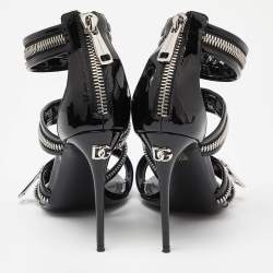 Pre Owned Dolce & Gabbana Black Patent Leather Chain Detail Ankle Strap Sandals Size 37