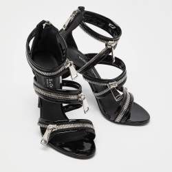 Pre Owned Dolce & Gabbana Black Patent Leather Chain Detail Ankle Strap Sandals Size 37