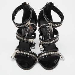 Pre Owned Dolce & Gabbana Black Patent Leather Chain Detail Ankle Strap Sandals Size 37
