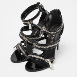 Pre Owned Dolce & Gabbana Black Patent Leather Chain Detail Ankle Strap Sandals Size 37