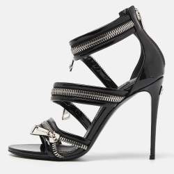Pre Owned Dolce & Gabbana Black Patent Leather Chain Detail Ankle Strap Sandals Size 37