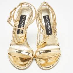 Pre Owned Dolce & Gabbana Gold Leather Luck Ankle Strap Sandals Size 37