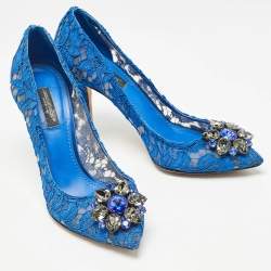 Pre Owned Dolce & Gabbana Blue Lace Crystal Embellished Bellucci Pumps Size 37