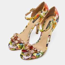 Dolce & Gabbana Multicolor Brocade Fabric Crystal Embellished Ankle Strap Sandals Size 38