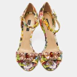 Dolce & Gabbana Multicolor Brocade Fabric Crystal Embellished Ankle Strap Sandals Size 38