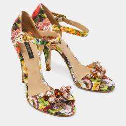 Dolce & Gabbana Multicolor Brocade Fabric Crystal Embellished Ankle Strap Sandals Size 38