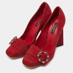 Dolce & Gabbana Red Brocade Fabric Crystal Embellished Block Heel Pumps Size 39.5