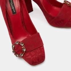 Dolce & Gabbana Red Brocade Fabric Crystal Embellished Block Heel Pumps Size 39.5