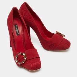 Dolce & Gabbana Red Brocade Fabric Crystal Embellished Block Heel Pumps Size 39.5