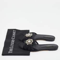 Pre Owned Dolce & Gabbana Black Lace Crystal Embellished Flat Slides Size 37.5