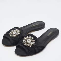 Pre Owned Dolce & Gabbana Black Lace Crystal Embellished Flat Slides Size 37.5