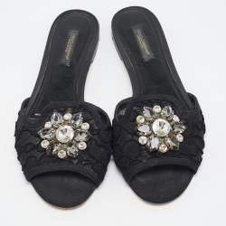 Pre Owned Dolce & Gabbana Black Lace Crystal Embellished Flat Slides Size 37.5