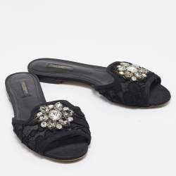 Pre Owned Dolce & Gabbana Black Lace Crystal Embellished Flat Slides Size 37.5