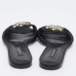 Pre Owned Dolce & Gabbana Black Lace Crystal Embellished Flat Slides Size 37.5