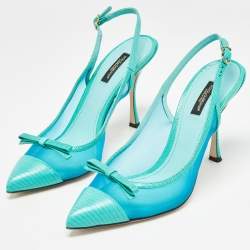 Pre Owned Dolce & Gabbana Blue Iguana Lizard Embossed Leather, Mesh Slingback Pumps Size 39