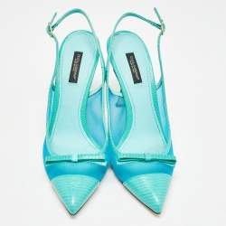 Pre Owned Dolce & Gabbana Blue Iguana Lizard Embossed Leather, Mesh Slingback Pumps Size 39