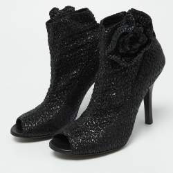 Pre Owned Dolce & Gabbana Black Knit Fabric and Straw Peep Toe Booties Size 37