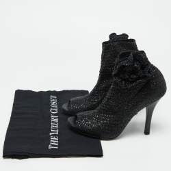 Pre Owned Dolce & Gabbana Black Knit Fabric and Straw Peep Toe Booties Size 37