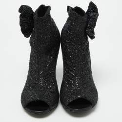 Pre Owned Dolce & Gabbana Black Knit Fabric and Straw Peep Toe Booties Size 37