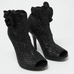 Pre Owned Dolce & Gabbana Black Knit Fabric and Straw Peep Toe Booties Size 37