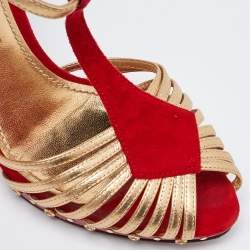 Dolce & Gabbana Red/Gold Leather and Suede Sculpted Ankle Strap Sandals Size 36.5