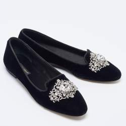 Pre Owned Dolce & Gabbana Black Velvet Crystal Embellished Ballet Flats Size 35