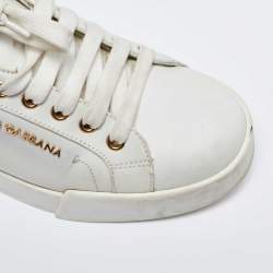 Pre Owned Dolce & Gabbana White/Gold Leather Portofino Sneakers Size 38.5