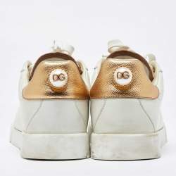 Pre Owned Dolce & Gabbana White/Gold Leather Portofino Sneakers Size 38.5