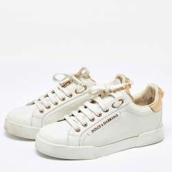 Pre Owned Dolce & Gabbana White/Gold Leather Portofino Sneakers Size 38.5