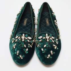 Pre Owned Dolce & Gabbana Green Velvet Crystal Velvet Smoking Slippers Size 40