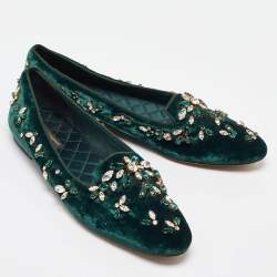 Pre Owned Dolce & Gabbana Green Velvet Crystal Velvet Smoking Slippers Size 40