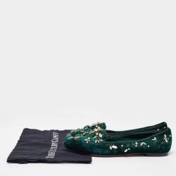 Pre Owned Dolce & Gabbana Green Velvet Crystal Velvet Smoking Slippers Size 40