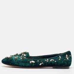 Pre Owned Dolce & Gabbana Green Velvet Crystal Velvet Smoking Slippers Size 40