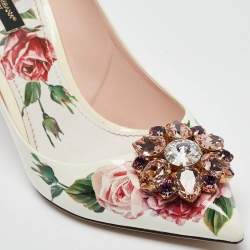 Pre Owned Dolce & Gabbana White Floral Print Leather Crystal Embellished Pumps Size 39.5