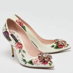 Pre Owned Dolce & Gabbana White Floral Print Leather Crystal Embellished Pumps Size 39.5