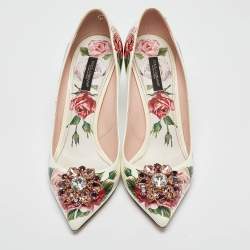 Pre Owned Dolce & Gabbana White Floral Print Leather Crystal Embellished Pumps Size 39.5
