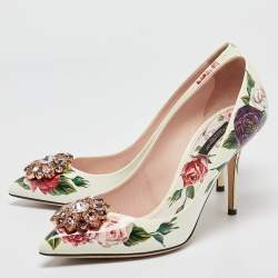 Pre Owned Dolce & Gabbana White Floral Print Leather Crystal Embellished Pumps Size 39.5