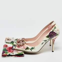 Pre Owned Dolce & Gabbana White Floral Print Leather Crystal Embellished Pumps Size 39.5