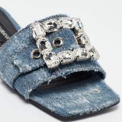 Pre Owned Dolce & Gabbana Blue Denim Embellished Patchwork Flat Slides Size 40