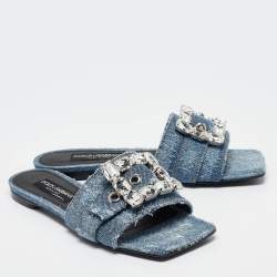 Pre Owned Dolce & Gabbana Blue Denim Embellished Patchwork Flat Slides Size 40