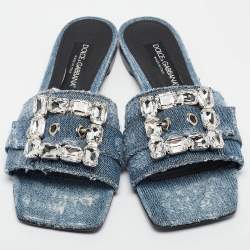 Pre Owned Dolce & Gabbana Blue Denim Embellished Patchwork Flat Slides Size 40